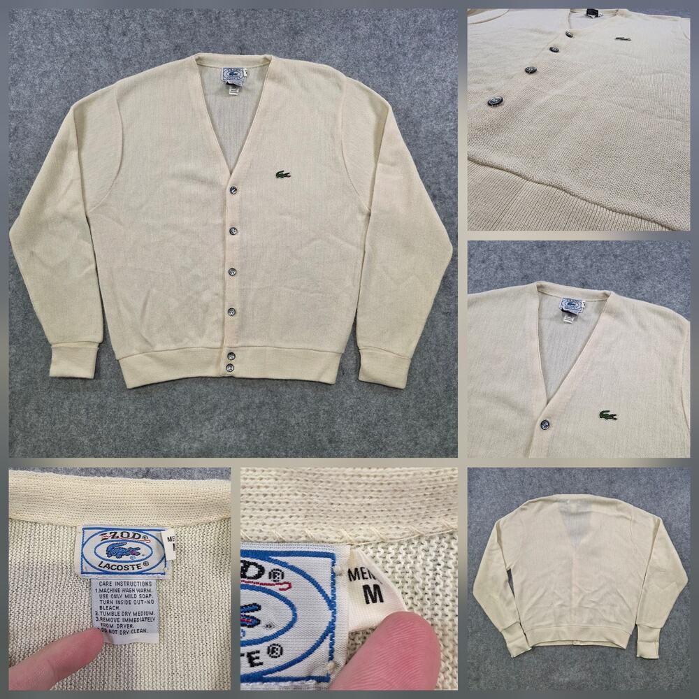 Vintage Izod Lacoste‎ Sweater Mens Medium White Cardigan V Neck Crocodile 80s